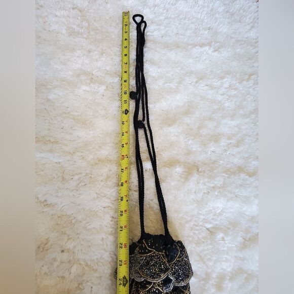 Vintage Black & Golf Beaded Draw String Hand Bag - Picture 7 of 8